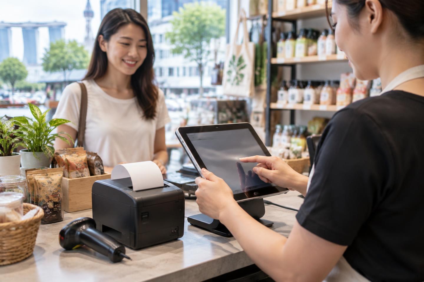 Illustrative shop counter with a tablet, receipt printer and barcode scanner