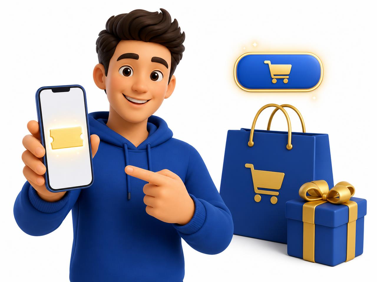 Customer holding a smartphone with a unique promo code and a Visit Online Store button