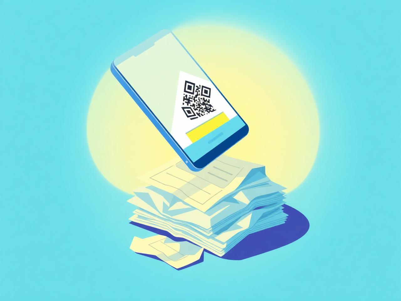 Smartphone showing a digital voucher QR code above a stack of discarded paper vouchers